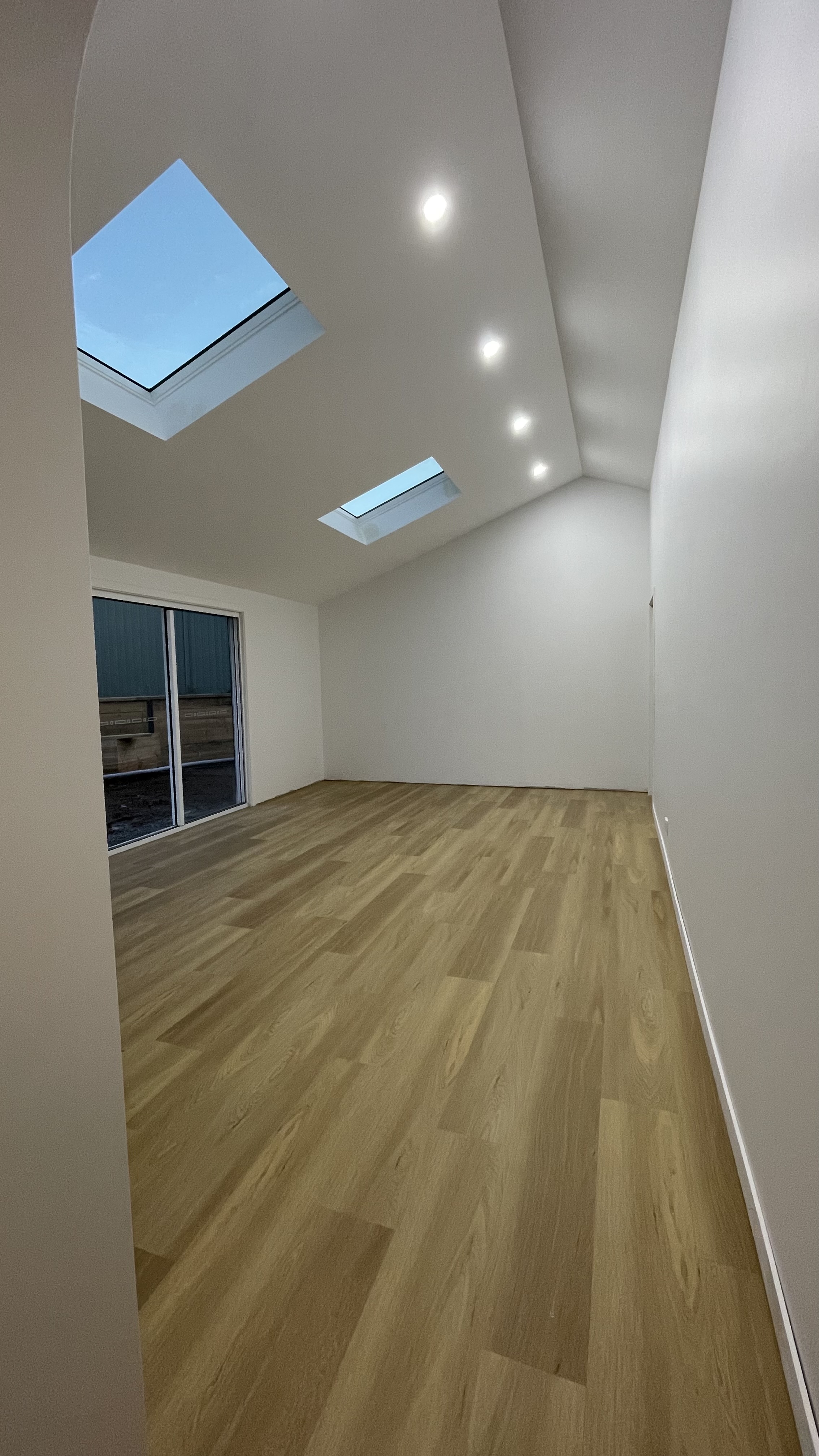 Living space with raked ceiling, dual skylights and timber flooring