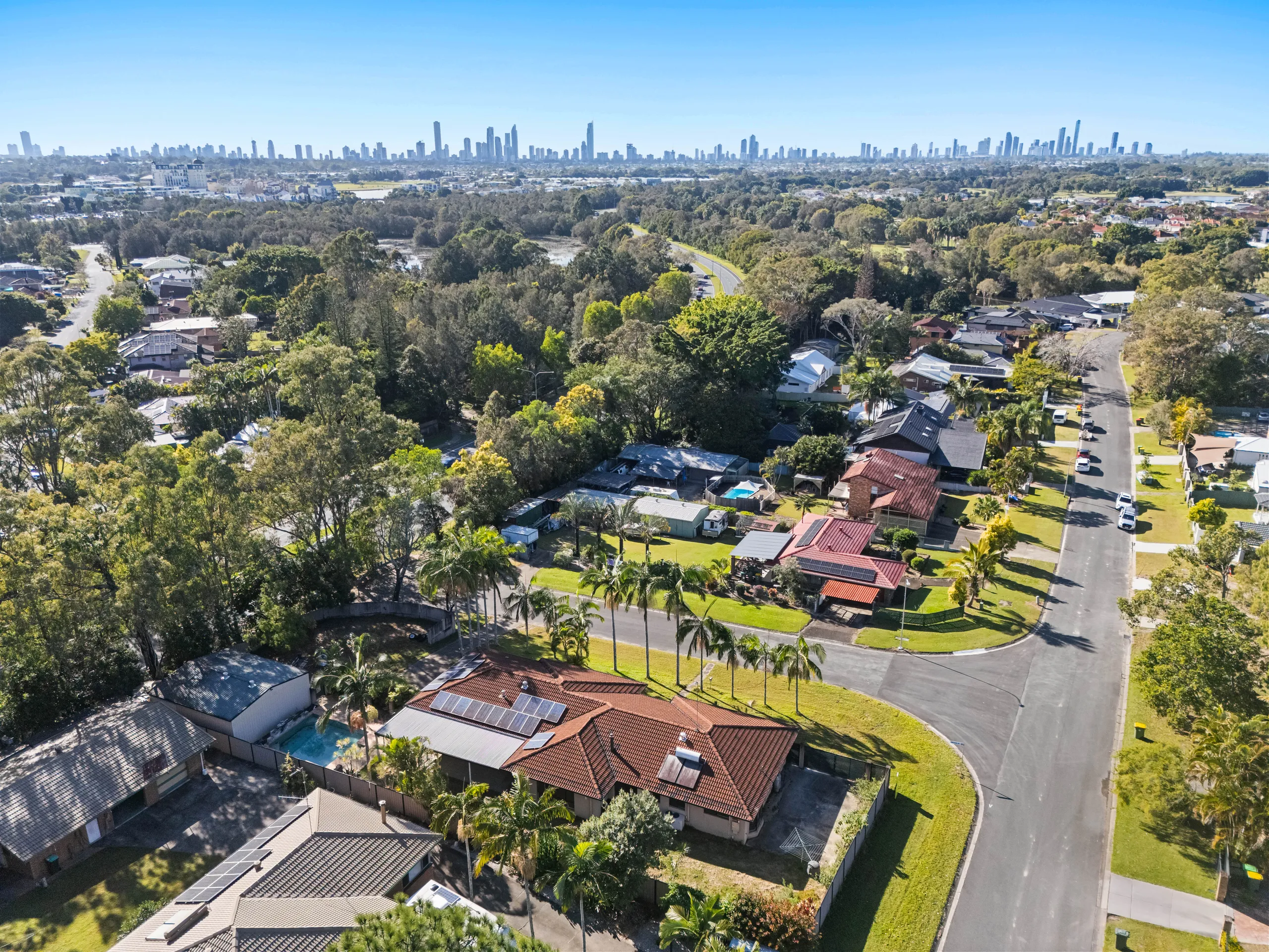 Aerial view of a Veya development site on the Gold Coast, with the Surfers Paradise skyline behind