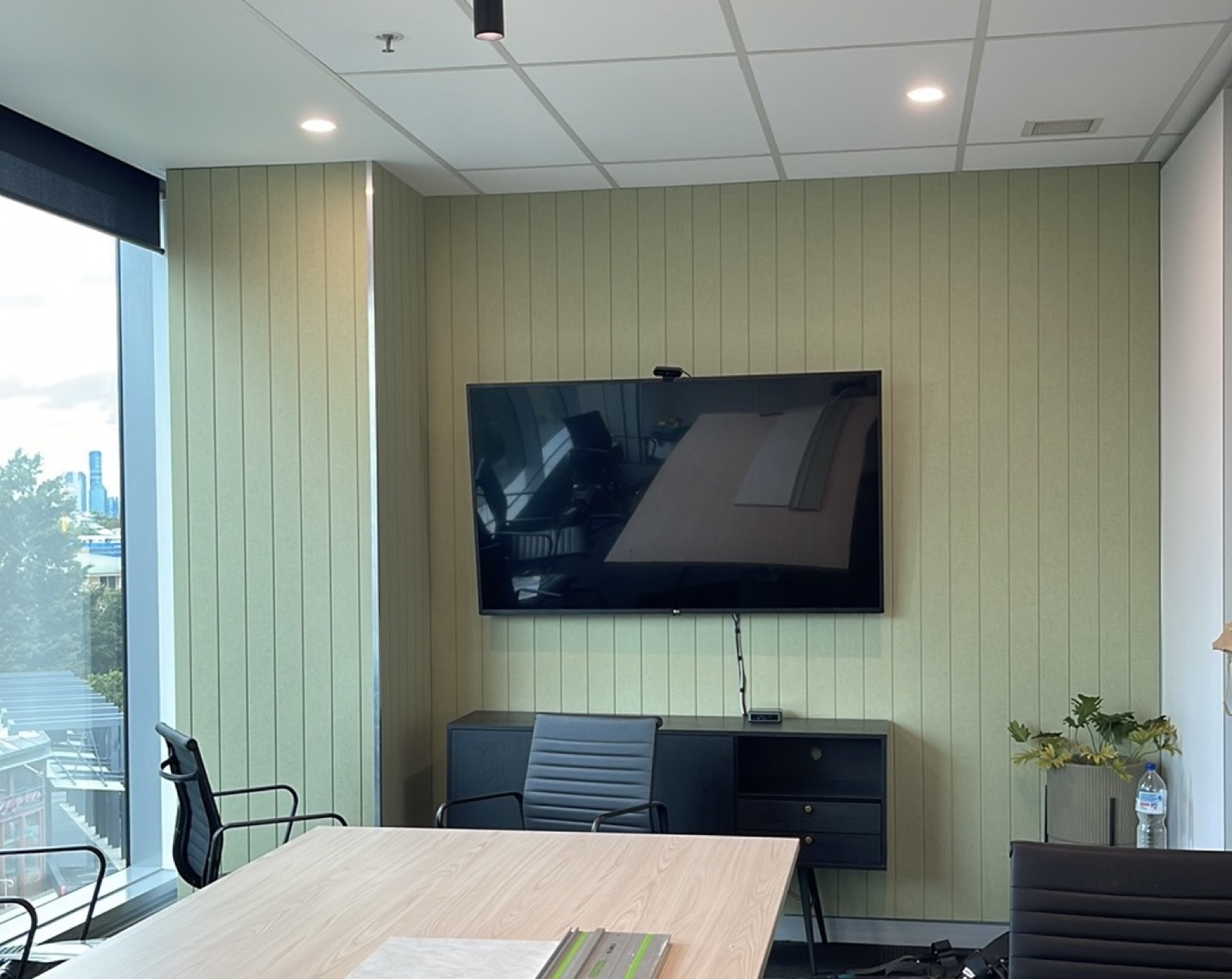 Office fitout with vertical timber batten feature wall